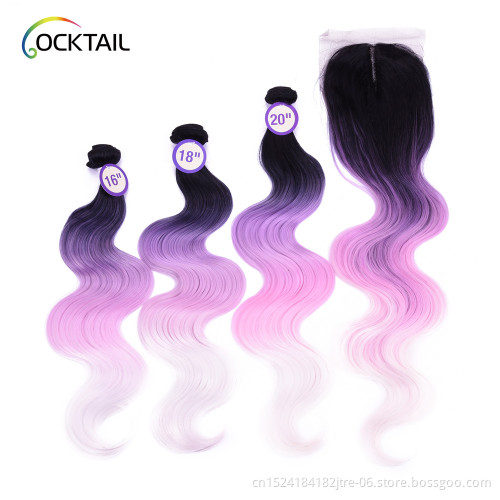 Synthetic Hair Bundles With Lace Closure  Body Wave Bundles Ombre Color Three Bundles with Closure 230g